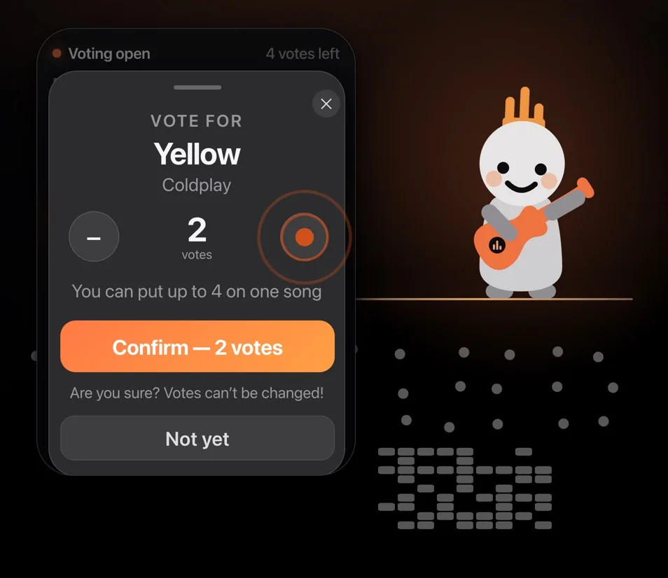 The voting sheet on a phone. Voting open, 4 votes left. Vote for Yellow by Coldplay, a stepper set to 2 votes, and the line ‘You can put up to 4 on one song’. A big orange Confirm — 2 votes button, and under it ‘Are you sure? Votes can’t be changed!’ and a Not yet button.