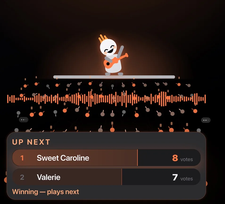 The singer mid-song with an arm up, orange threads running from every table to the stage, and Up next showing Sweet Caroline on 8 votes winning ahead of Valerie on 7.