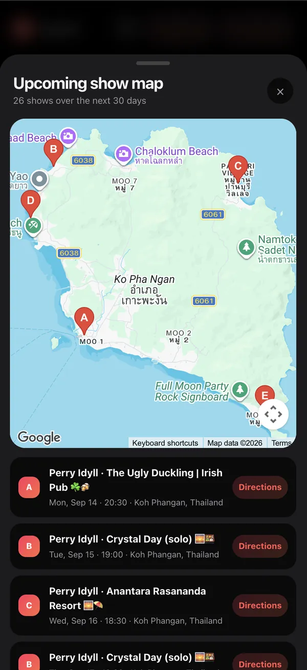 The Upcoming show map: 26 shows over the next 30 days pinned A to F on a map of Koh Phangan, and the list under it — The Ugly Duckling Irish Pub on Monday, Crystal Day on Tuesday, Anantara Rasananda Resort on Wednesday — each with Directions.
