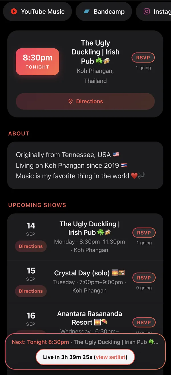 Further down an artist’s public page: YouTube Music, Bandcamp and Instagram pills, tonight’s gig — 8:30pm at The Ugly Duckling Irish Pub, Koh Phangan, with RSVP and Directions — an About section, and Upcoming shows for the 14th, 15th and 16th.