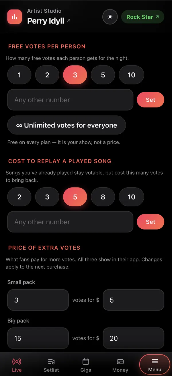 The Studio’s Settings: Free votes per person with 3 chosen from 1, 2, 3, 5, 10 or any number, Unlimited votes for everyone, Cost to replay a played song set to 5, and Price of extra votes — a small pack and a big pack you price yourself.