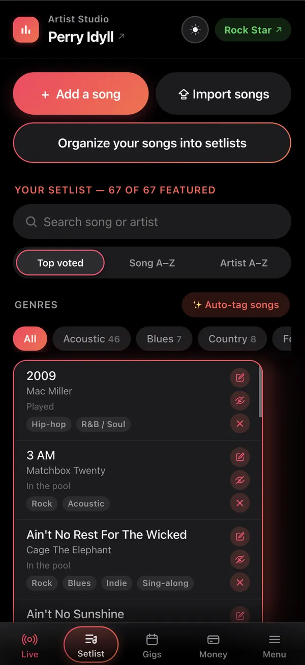The Studio’s Setlist tab: Add a song, Import songs, Organize your songs into setlists, Your setlist — 67 of 67 featured, a search box, Top voted / Song A–Z / Artist A–Z, genre chips with an Auto-tag songs button, and the songs — 2009, 3 AM, Ain’t No Rest for the Wicked — each with edit, hide and remove.